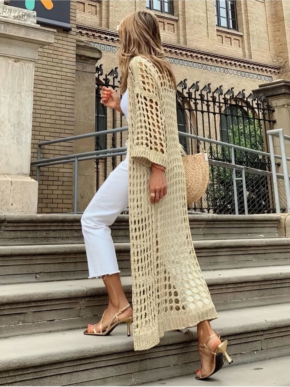 Beige Open Knit Crochet Duster Cardigan New - Picture 3 of 4